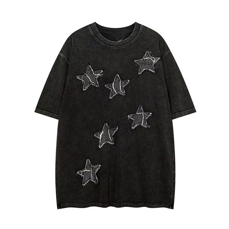 カスタム 高品質 ストリートウェア クルーネック Tシャツ アップリケ パッチ 刺繍 酸洗い ヴィンテージ Tシャツ