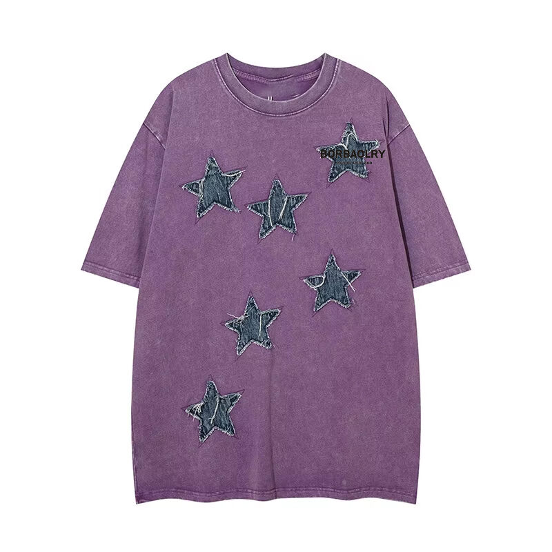 カスタム 高品質 ストリートウェア クルーネック Tシャツ アップリケ パッチ 刺繍 酸洗い ヴィンテージ Tシャツ