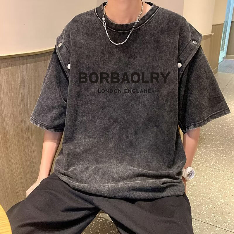 ヴィンテージ 脱ぎ取れる短袖Tシャツ 男性用 松散重厚の綿酸洗濯Tシャツ トップ 夏のトレンドブランドTシャツ