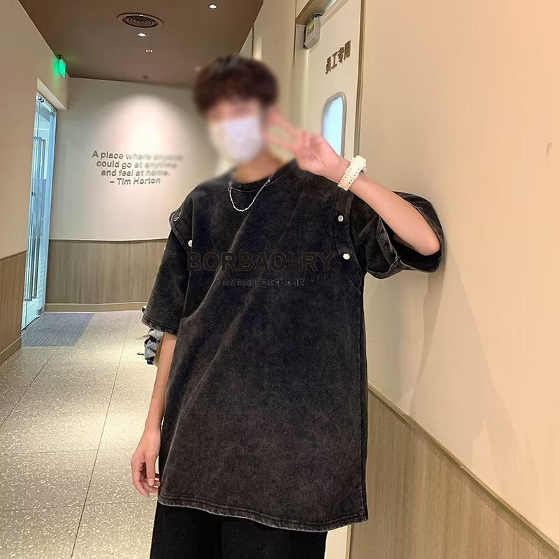 ヴィンテージ 脱ぎ取れる短袖Tシャツ 男性用 松散重厚の綿酸洗濯Tシャツ トップ 夏のトレンドブランドTシャツ