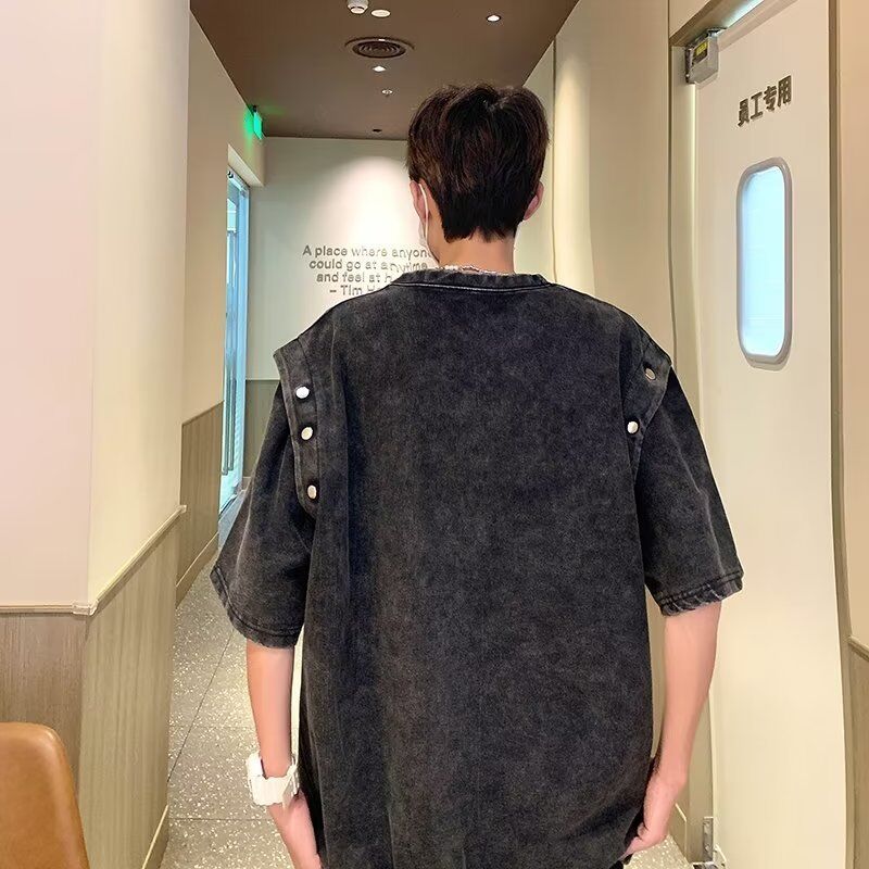 ヴィンテージ 脱ぎ取れる短袖Tシャツ 男性用 松散重厚の綿酸洗濯Tシャツ トップ 夏のトレンドブランドTシャツ