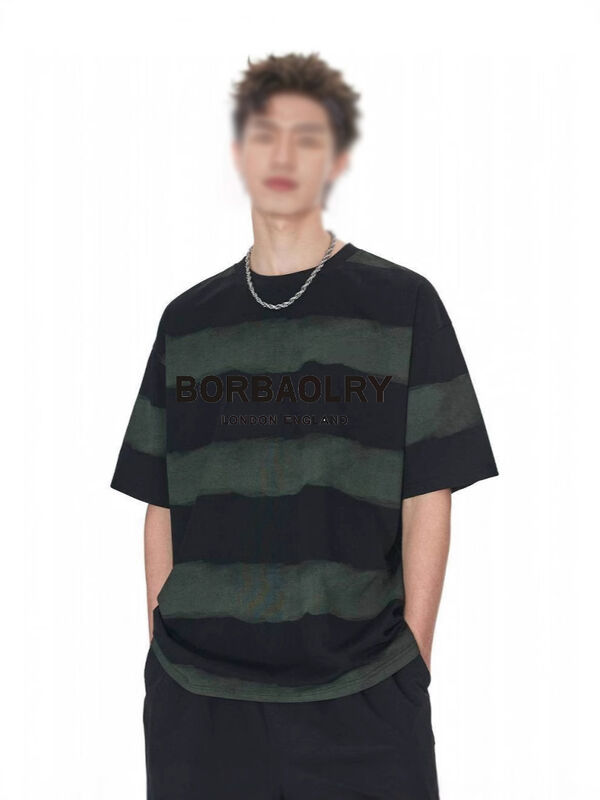 卸売 220g Tシャツ コットン ファッション カジュアル ゆったり ストライプ トップス タイダイ クラフト ドロップショルダー ラウンドネック 半袖