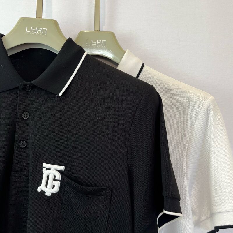 男性用ロゴ - 刺身ポロシャツ ブラックとホワイト トリム 胸ポケット&モノグラム 流行デザイン ピーク 男性用ポロシャツ