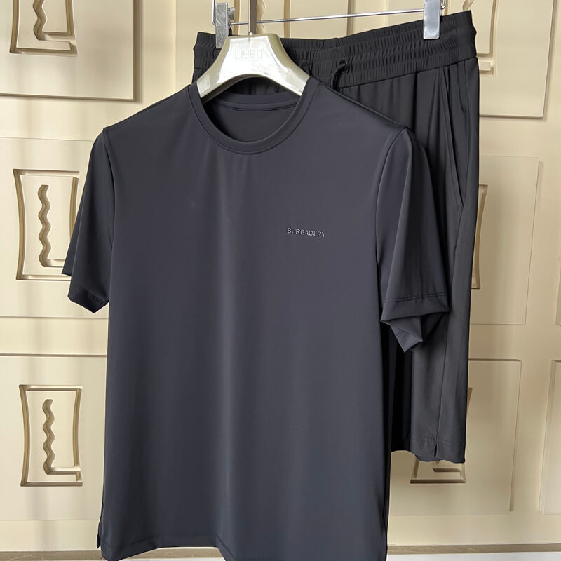 男性用スポーツTシャツ 黒色カジュアルスポーツセット - 短袖Tシャツ&パンツ,UV保護機能付き透気面料